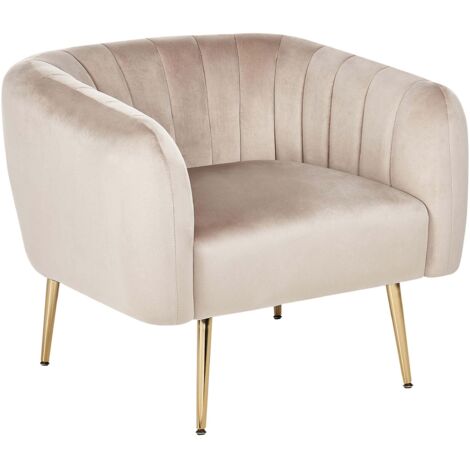 Fauteuil Club Cabriolet Pieds Acier Doré Design Tapissé en Velours Taupe Laconia (1/5)