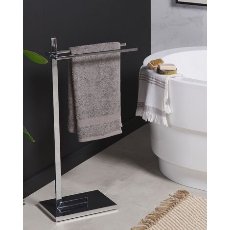 Porte-serviettes Sur Pied En Acier Chromé Argenté 2 Barres 45 X 85 Cm