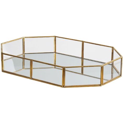Plateau de Service Design Effet Miroir Tendance avec Cadre en Laiton Couleur Dorée Idéal pour Parfaire une Déco de Table Glamour Beliani (1/5)