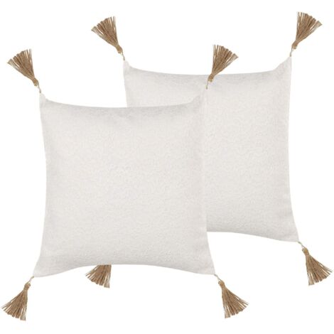 Lot de 2 Coussins Décoratifs 45 x 45 cm en Dentelle Beige avec Pompons pour Intérieurs au Style Classique, Glamour ou Boho Beliani (1/5)