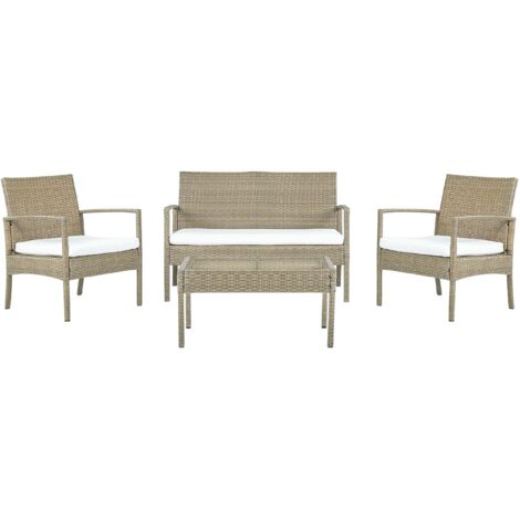 Ensemble de Jardin 4 Places en Rotin Marron avec Coussins Blanc Crème 2 Fauteuils Banc et Table Basse pour Terrasse ou Balcon Contemporain (1/5)