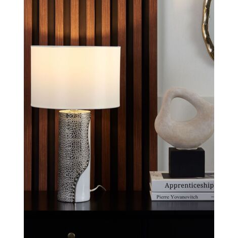 Lampe à Poser E27 Max 60W Base en Porcelaine Blanc et Argenté Abat-Jour Rond Aiken