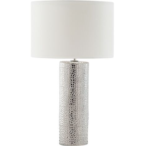 Lampe à Poser E27 Max 60W Base en Porcelaine Blanc et Argenté Abat-Jour Rond Aiken