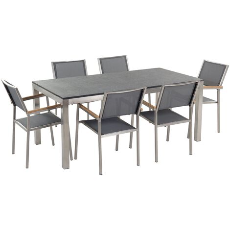 Table de Jardin et 6 Chaises 180 x 90 cm Granit Flambé et Tissu Gris Grosseto (1/5)