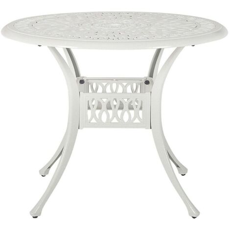 Beliani – Table de jardin ronde 90 cm en aluminium – Aspect vieilli blanc cassé – Style rétro – Pour 4 personnes – Résistante aux UV et intempéries (1/5)