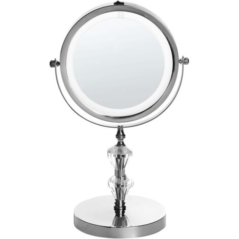 Miroir à Maquillage de Forme Ronde 20 cm avec Cadre en Métal Argent et Éclairage LED Face Grossissante et Style Moderne Beliani (1/5)