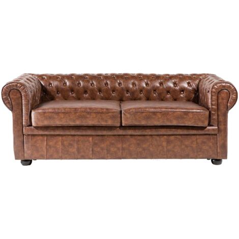 Canapé 3 Places en Cuir PU Marron Doré Assise Rembourrée Large Dossier Chesterfield (1/5)