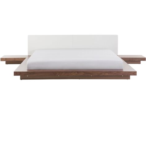 Lit Moderne Futon Double 180 x 200 cm avec Tables d'Appoint Tête de Lit en Similicuir MDF Bois de Frêne Marron Zen (1/5)