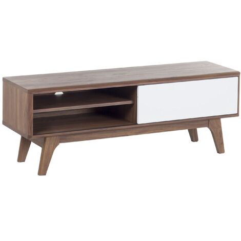 Beliani – Meuble TV en MDF marron avec porte coulissante blanche – Dimensions 117x35x44 cm – Gestion des câbles intégrée – Style scandinave moderne (1/5)