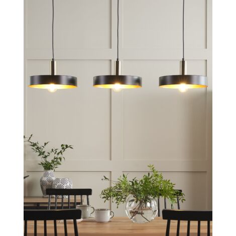 Lampe Suspension Moderne 3 Lumières en Métal Finition Mate Noir et Or Harena