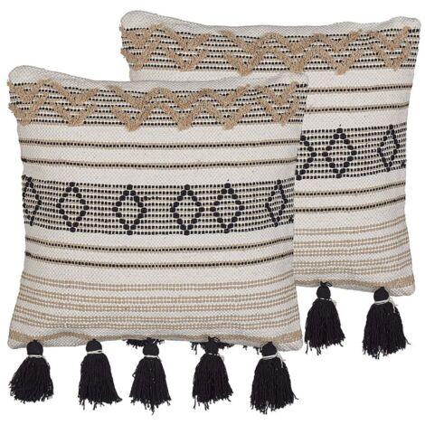 Lot De 2 Coussins Décoratif De Style Boho 45 X 45 Cm En Coton, Beige Et Noir 45 X 45 Cm Sambucus 49563671