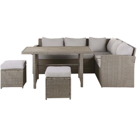 Ensemble de Jardin 1 Canapé 5 Places 1 Table 2 Ottomans taupe en Polyrotin Coussins Gris Bardi (1/5)