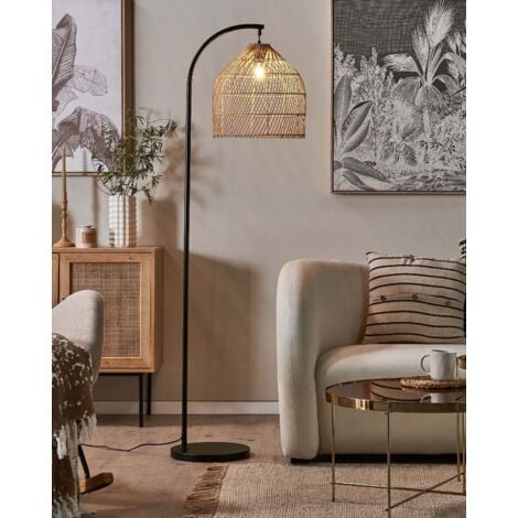 Lampadaire Arc En Métal Noir Avec Abat-jour En Rotin Naturel – H240 Cm – Décoration Bohème