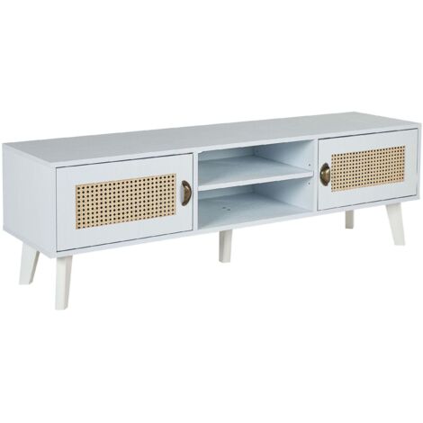 Meuble TV 2 Armoires 2 Étagères Ouvertes en MDF et Polyrotin Blanc Beige Parton (1/5)