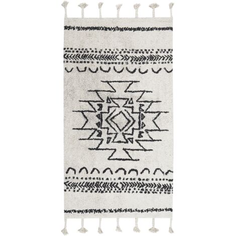 Tapis Moderne en Coton à Motifs avec Franges 80 x 150 cm Blanc et Noir Khouribga (1/5)