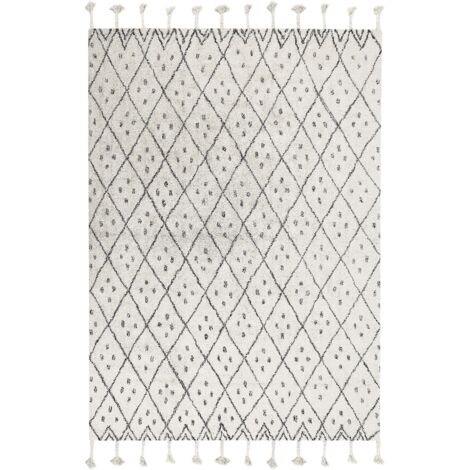 Tapis Moderne en Coton à Motifs avec Franges 140 x 200 cm Blanc et Noir Agadir (1/5)