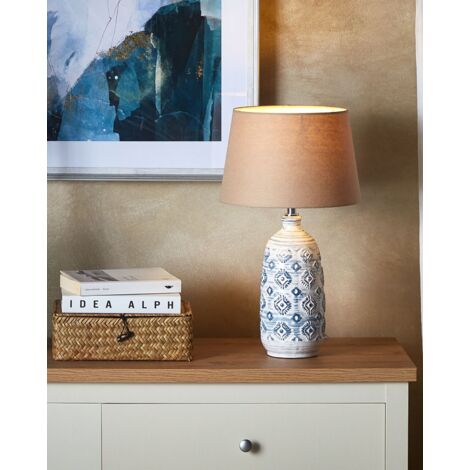 Lampe à Poser en Céramique Bleu et Blanc Base à Motif Lumière Ambiante