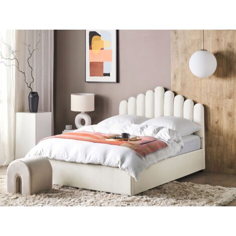 Lit Avec Rangement Beliani Lubbon – Velours Beige – 160x200 Cm – Tête De Lit Rétro
