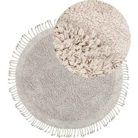 Tapis en Coton Beige Clair ø 140 cm de Diamètre Poils Hirsutes avec Franges Bitlis
