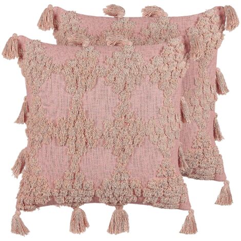 Coussin décoratif rose 45x45 cm en coton avec pompons Torenia géométrique