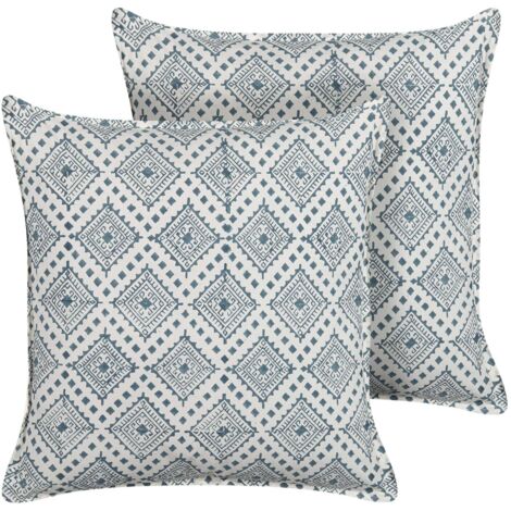 Coussins Décoratifs Coton Motif Oriental Lot de 2 45 x 45 cm Bleu et Blanc Cordata (1/5)