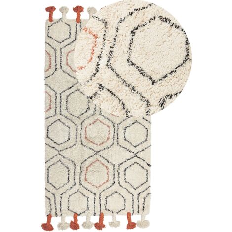 Tapis en Coton Beige et Orange 80 x 150 cm à Pompons et Motif Géométrique Hajipur (1/5)