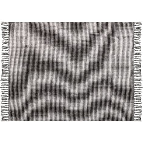 Plaid Coton Chyama 125x150 Cm - Motif Géométrique Noir Et Blanc, Franges