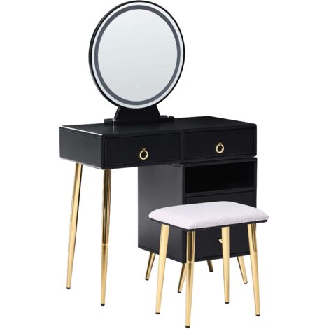 Coiffeuse élégante Noir Et Doré Avec Miroir Et Tabouret - Style Glamour - Beliani YVES