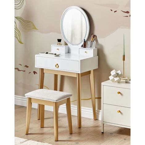 Coiffeuse Blanc Et Doré En Métal MDF Et Polyester Avec Tabouret Et Miroir Yves 80756919