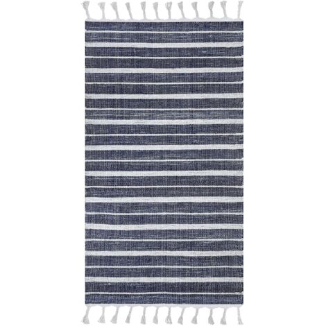 Tapis Bleu Synthétique 80 x 150 cm Matières Recyclés à Pompons Rayures Bademli (1/5)
