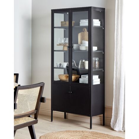 Armoire Vitrine Industrielle Noire - Beliani HARTY - En Acier Et Verre - 176x80x35 Cm - Meuble De Rangement Bureau
