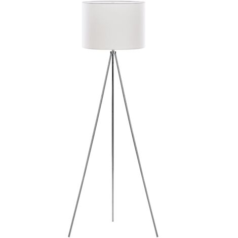 Lampadaire Design Trépied Blanc / Chromé en Tissu et Métal avec Abat-jour Type Cylindre E27 Max 40W pour Éclairage de Chambre ou Salon Glamour Beliani (1/5)