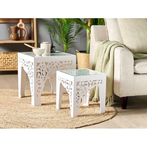 Tables D'Appoint De Jardin Alaska - Lot De 2 Blanc Plastique Avec Tiroir - Empilables Et Résistantes UV
