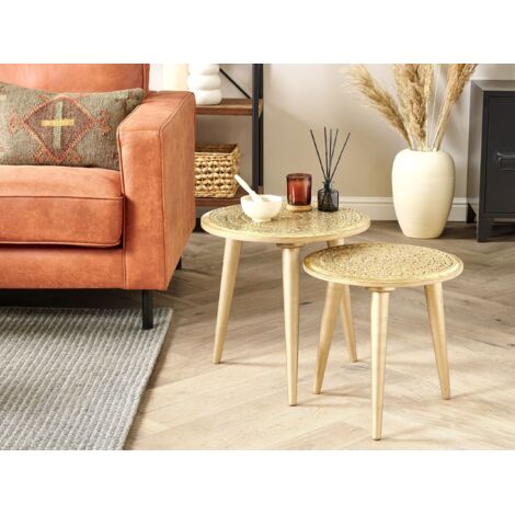 Lot De 2 Tables D'appoint Atmosphera Eino - Diamètre 40 Cm, Hauteur 38 Cm, MDF Beige, Piètement Cannelé - Design Moderne