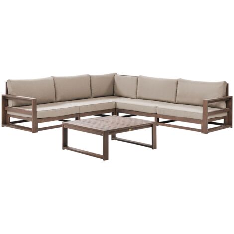 Salon de Jardin 5 Places et Table Basse en Bois d'Acacia Coussins Taupe Timor II (1/5)