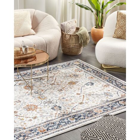 Tapis vintage motif floral beige et bleu lavable 140x200 cm