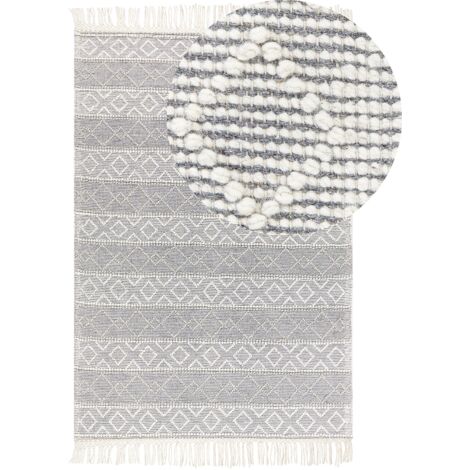 Tapis Boho Motif Géométrique et Frange 160 x 230 cm en Laine Gris et Blanc Tonya (1/5)