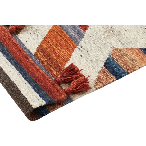 Tapis Kilim Fait Main 200 x 300 cm en Laine avec Pompons Multicolore Aralez