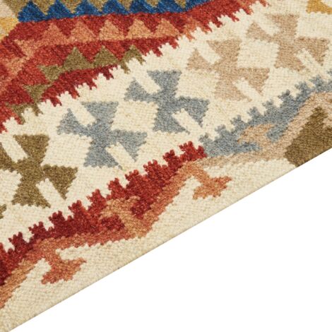 Tapis Kilim Afghan En Laine Tissé Main 350x87cm - Style Géométrique Multicolore
