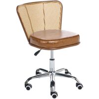 Chaise de Bureau Retro en Cuir PU et Rotin PE Tresse Viennoise Dossier Pivotant Réglable Marron Roswell