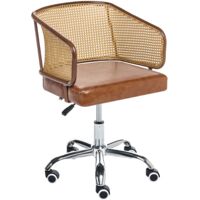 Chaise de Bureau Retro en Cuir PU et Rotin PE Tresse Viennoise Dossier Réglable Pivotant Marron Tucson