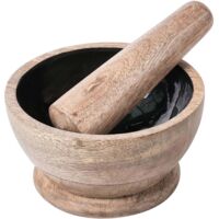 Mortier et Pilon en Bois de Manguier Fait Main Accessoire Cuisine Marron et Noir Qena