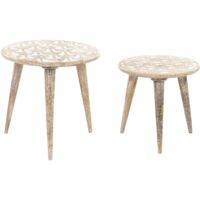 Lot de 2 Tables d'Appoint Teinte Claire en Bois de Manguier Motif Feuilles Hursi