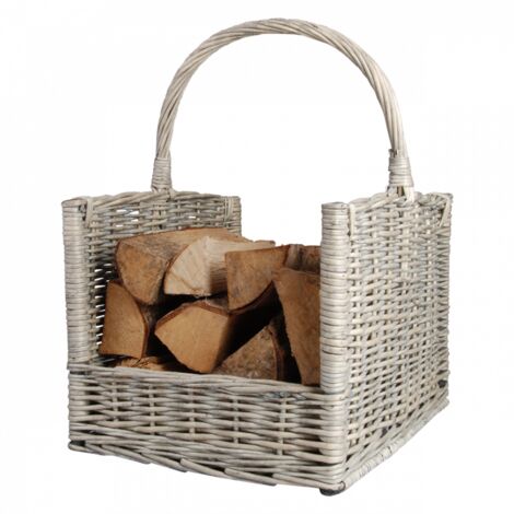Outils Et Nature – Panier à bois en saule gris cérusé – Dimensions 46.5x35x30cm – Pour rangement bûches décoratif et pratique – Idéal intérieur (1/2)