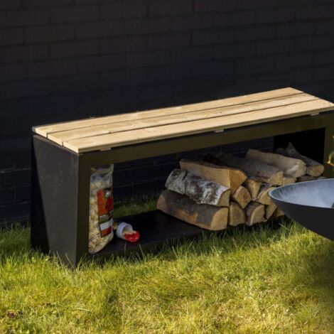 Banc de jardin en bois et acier avec rangement pour bûches – Dimensions 118 x 29,5 x 48 cm – Capacité 300 kg – Idéal pour extérieur – Fancy Flames (1/6)