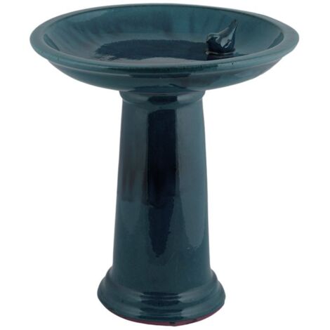 Ac-Deco – Bain oiseau en céramique sur pied pétrole – Design esthétique pour jardin – Matériau terre cuite durable – Double fonction : bain et mangeoire