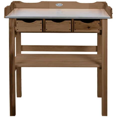 Esschert Design – Table de rempotage en bois de pin et zinc – Dimensions 80,1 x 37,9 x 82,1 cm – 3 tiroirs de rangement – Bois certifié FSC