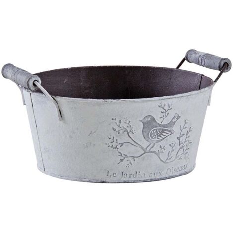 Aubry Gaspard – Corbeille ronde en métal laqué patiné 19 cm – Poignées en bois – Décoration intérieure et extérieure – Pour plantations et rebords de fenêtres