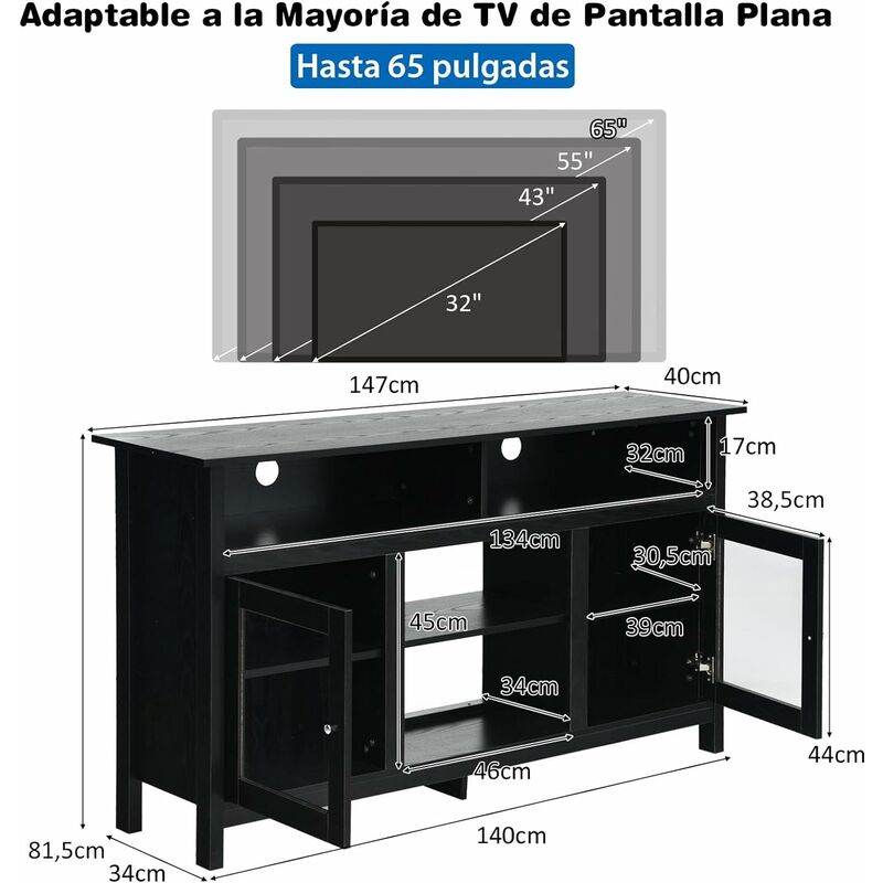 Mueble TV, Televisión, 200x45x35cm, Para TV hasta 80, Chimenea eléctrica,  Roble y negro