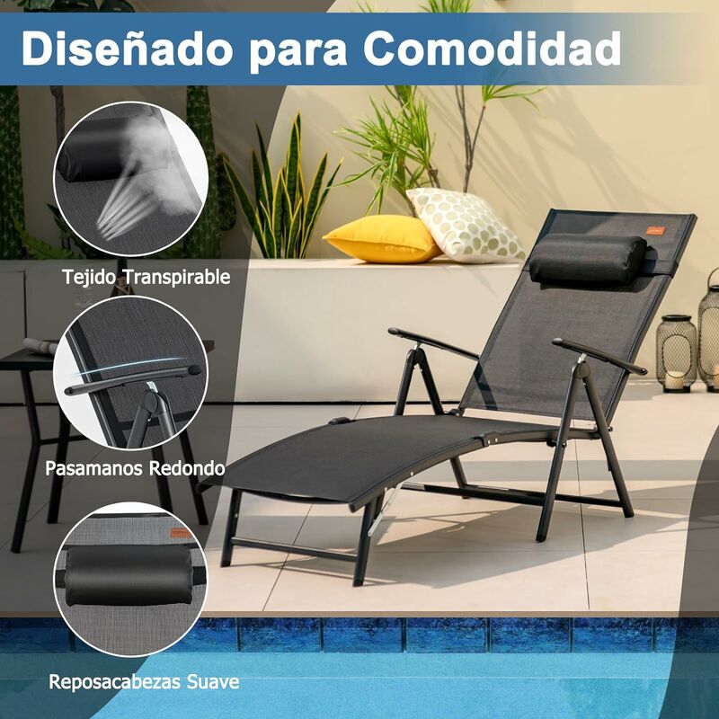 Esright - Silla reclinable de tela plegable para exteriores, para playa,  patio, piscina, patio, con 7 posiciones ajustables en la parte trasera y 2